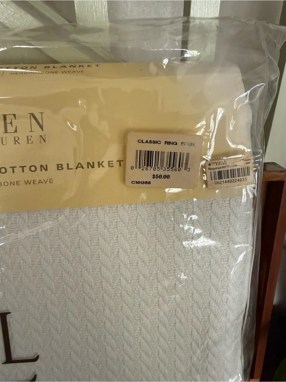 Ralph Lauren White Herringbone Cotton Blanket with Brown RLL Logo
